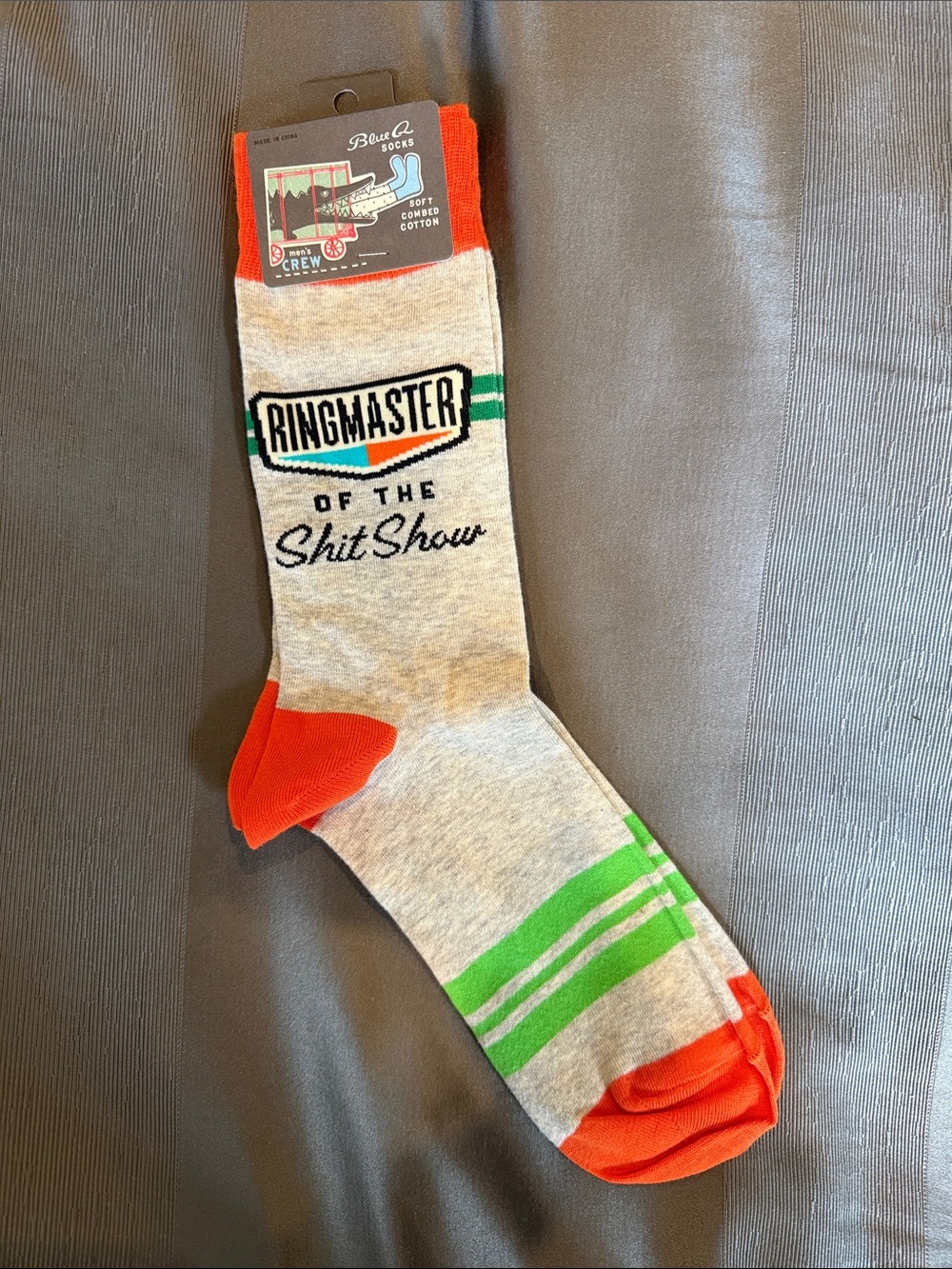 Blue Q Ringmaster Crew Socks - Light Gray, Orange & Green
